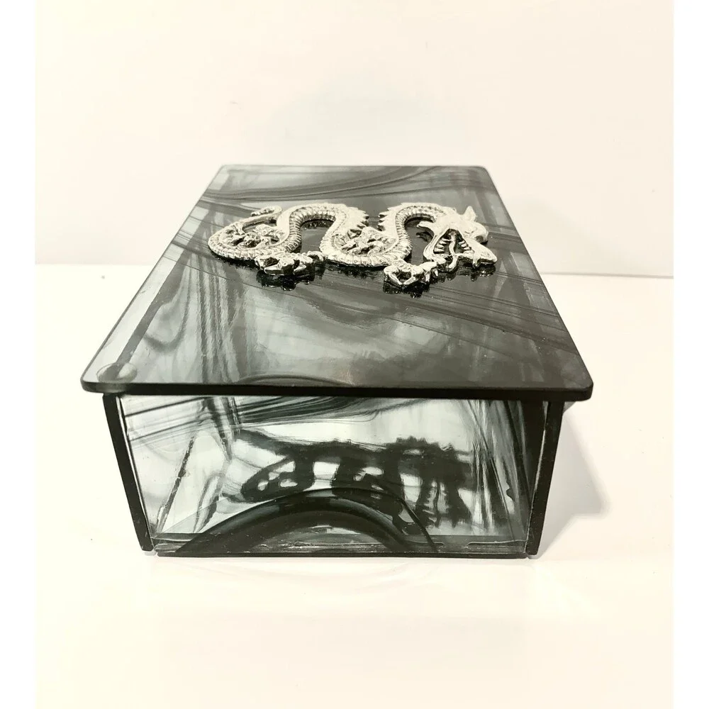 Glass Silver tone Dragon Swirl Jewelry Trinket Kheops  Box